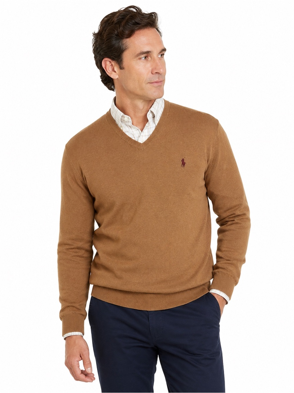 Polo Ralph Lauren Men’s Pima Cotton V-Neck Sweater Camel Brown L